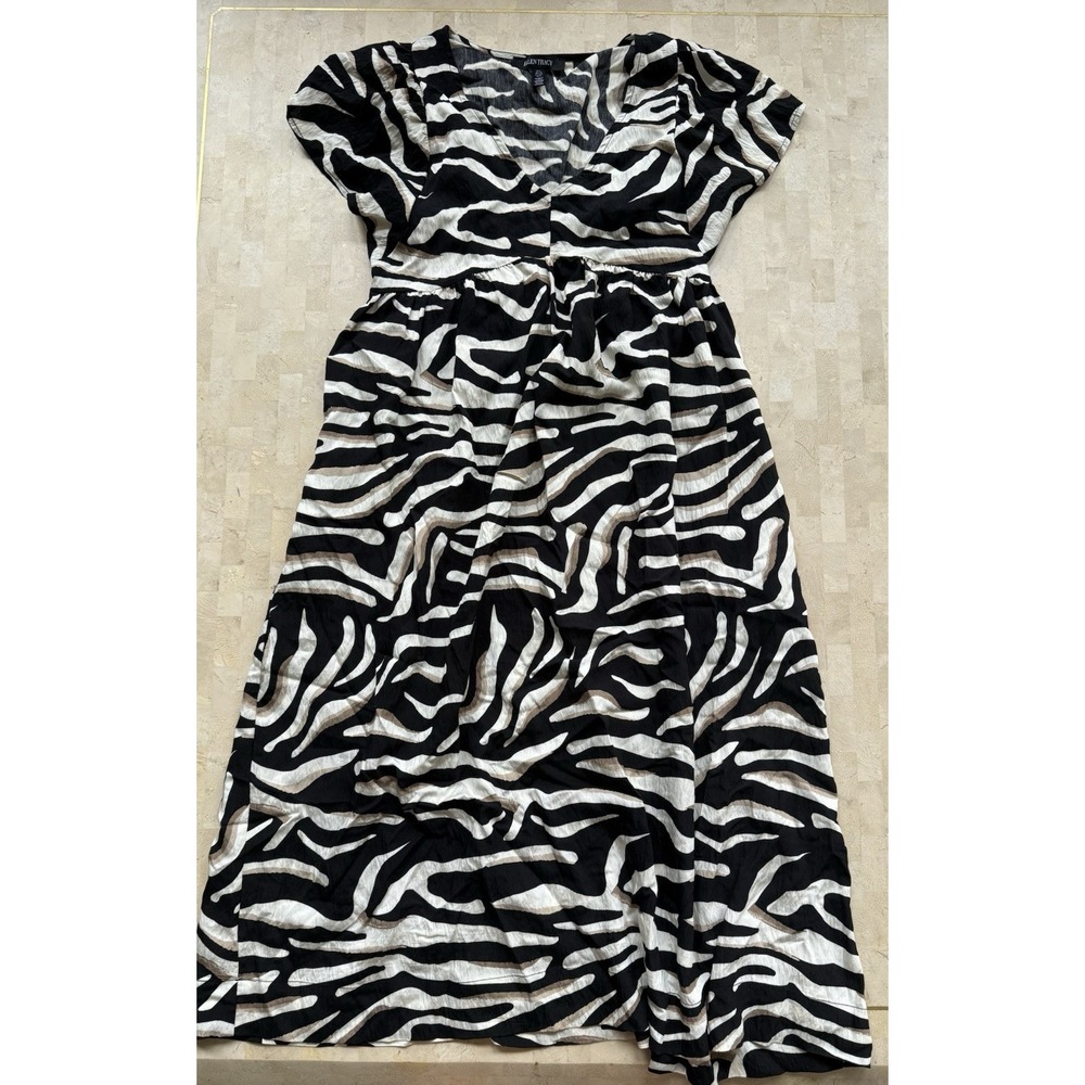 Ellen Tracy Midi Zebra Stripe Palmetto Dress Black White Brown Coastal Resort S‎